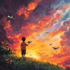 Child with Paper Plane at Sunset, Dreamy Sunset Flight
Paper Plane Childhood Dreams
Boy with Sky Dreams
Sunset Paper Plane Adventure
Flying into Sunset Dreams
Childlike Wonder at Sunset