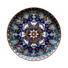 Blue and Gold Islamic Geometric Patterned Charger Plate with Floral Design Isolated on Transparent Background