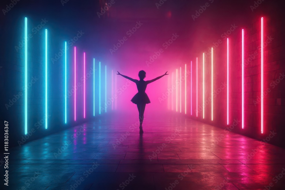 Aufkleber a woman stands confidently in a vibrant tunnel illuminated by neon lights casting colorful reflectio