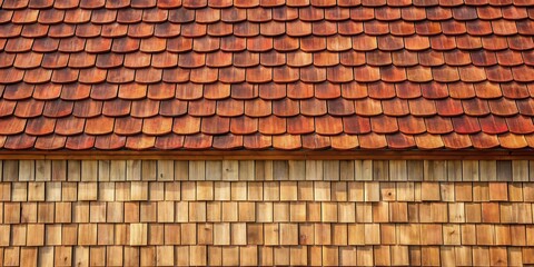 Fototapeta premium Rustic Wooden Roof and Wall Siding Texture Featuring Interlocking Shingles and Shakes