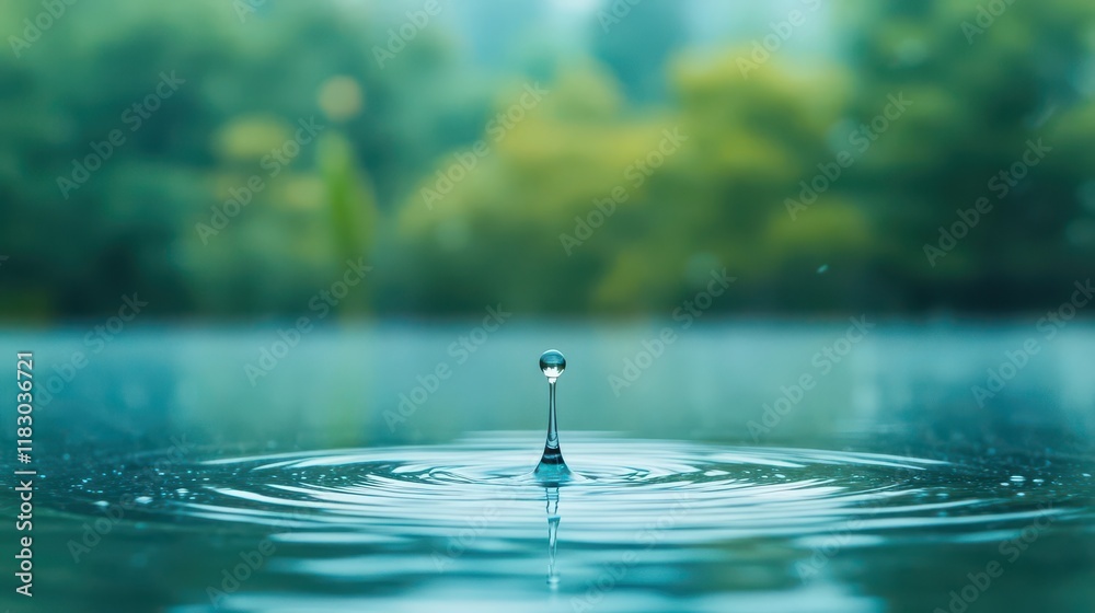 Poster a drop of water rippling in a calm pond, with an unobtrusive background for text, serene and elegant