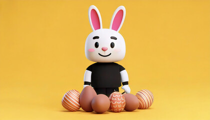Obraz premium easter bunny standing with a bunch of easter eggs of various pastel colors