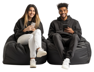 PNG Man woman sitting beanbags clothing smiling phones.