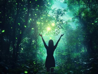 Naklejka premium A figure dances with an ethereal glow in a misty forest, bathed in soft twilight, captured from a low angle