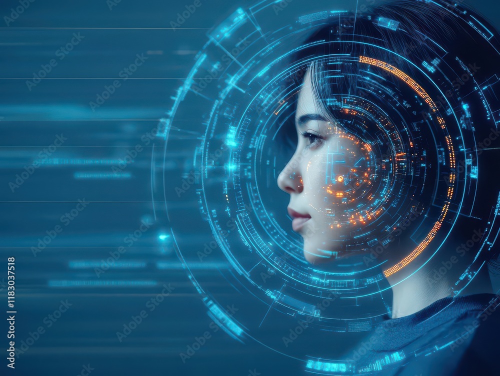 Poster Futuristic Woman with Advanced Digital Interface Portrayed in a High-Tech Environment Emphasizing Innovation and a Vision of Tomorrow's Technology