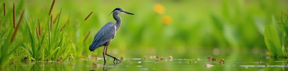 Naklejka premium Little blue heron wading through tall grasses searching, nature, feathers, heron