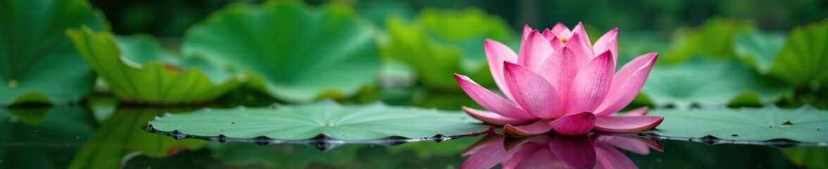 Lotus flower blooms in calm lake with green aquatic leaves, calm, waterfeature