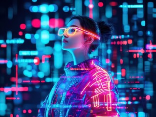 A futuristic woman in a glowing neon outfit, cyberpunk cityscape background, vibrant and dynamic mood