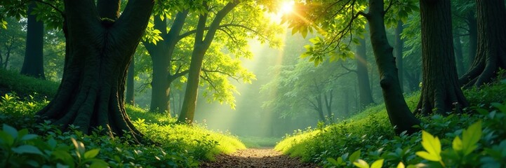 Lush forest canopy with twinkling sunlit undergrowth, sparkle, peaceful, forest