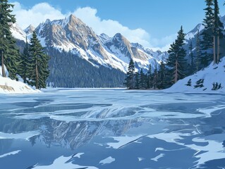 Empty ice surface, frozen mountain lake, winter mountains landscape with copy space  - ai