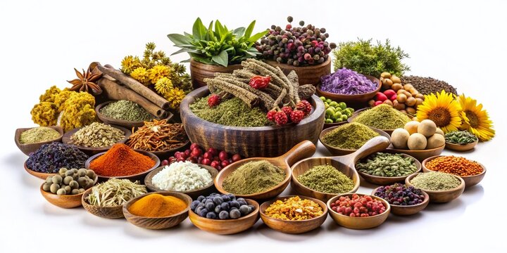 Kampo Medicine Herbs & Ingredients Isolated on White Background -  High-Resolution Stock Photo