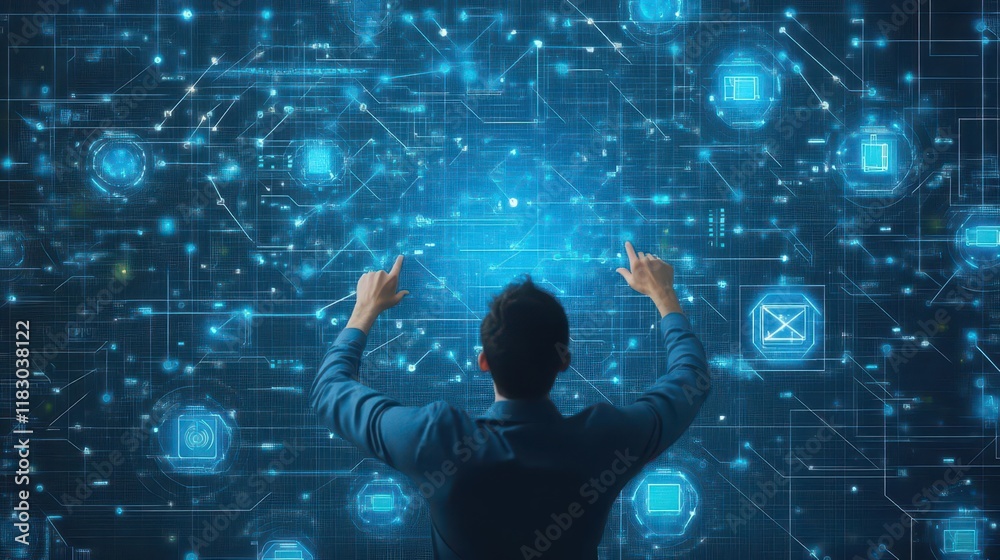 Poster Confident Businessman in Formal Suit Engaged with Futuristic Digital Interface Displaying Innovative Technology and Data Analysis in Modern Office Environment