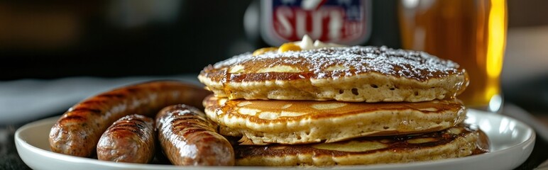 Decadent Breakfast Feast featuring Fluffy Pancakes Grilled Sausages Maple Syrup Butter and a Refreshing Glass of Beer   A Mouthwatering Morning Meal for Weekend Enjoyment and Relaxation