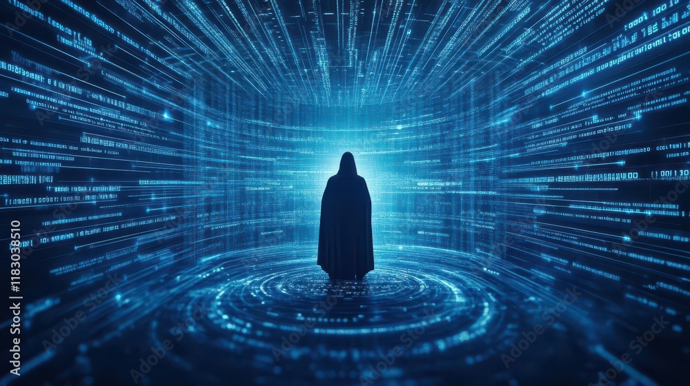 Aufkleber individual standing confidently against futuristic digital background emphasizing technology innovat