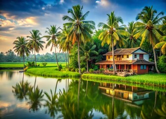 Obraz premium Kerala Backwaters: Lush Green Landscape & Traditional Houseboats, India