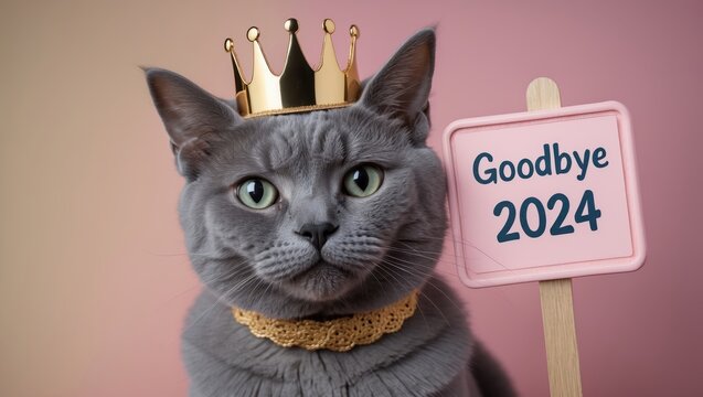 A regal grey cat wearing a golden crown poses beside a sign that reads "Goodbye 2024," capturing a whimsical farewell to the year.