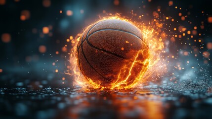 Dynamic Basketball Surrounded by Fiery Energy and Motion