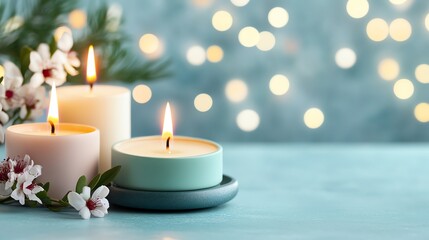 A peaceful scene with lit candles surrounded by flowers, creating a soothing atmosphere for relaxation.