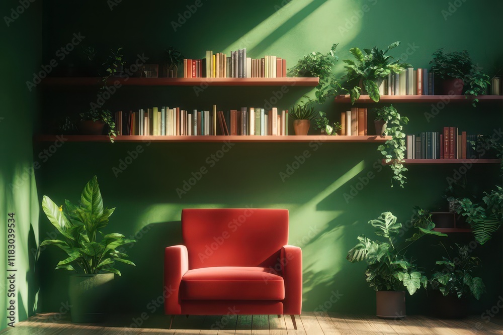 Aufkleber vibrant red chair centered in cozy green room surrounded by warm lighting and a well-organized books