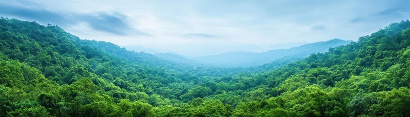 A realistic photograph of a lush green forest with a clean open sky, a wide space at the center for text, peaceful and serene mood