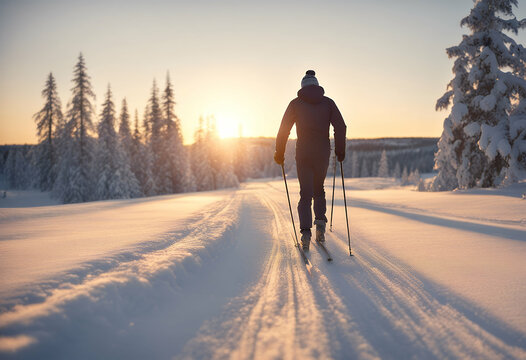 skiing country cross sunset snow winter finland lapland norge sweden sport finnish forest ski skier landscape active athlete