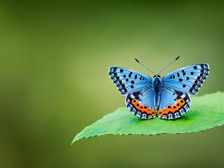 Obraz premium A single butterfly resting on a green leaf, with an outoffocus background that allows for text placement