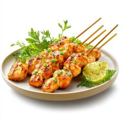 Fototapeta premium a plate of Thai chicken satay, skewer food, 3D photorealistic style, golden hues, isolated on white background