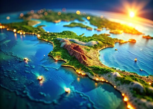Explore Haiti's topography:  3D Mollweide map with stunning bokeh effect and detailed relief.