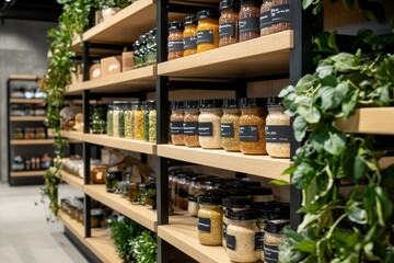 Fototapeta premium Modern Grocery Store Interior with Wooden Shelving, Glass Jars, and Fresh Greenery, Showcasing Organic Products and Natural Ingredients for Healthy Living