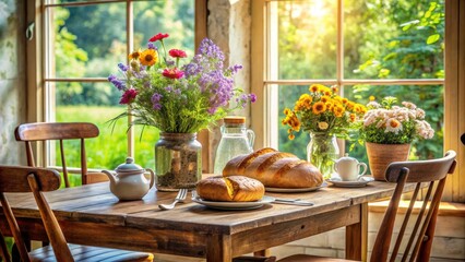 Farmhouse table setting: sunlit scene of fresh bread, vibrant flowers, and heartfelt photography.