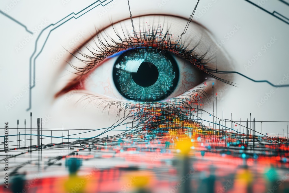 Aufkleber Close Up of an Intricate Eye Surrounded by a Complex Circuitry Background Symbolizing the Intersection of Technology and Human Perception in Modern Art