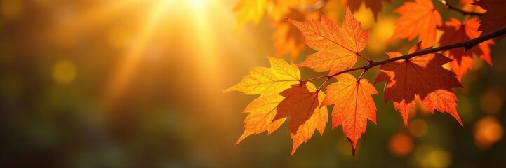 Fototapeta premium Warm sunlight casts a glow on a branch of autumn leaves, warm tones, tree branch