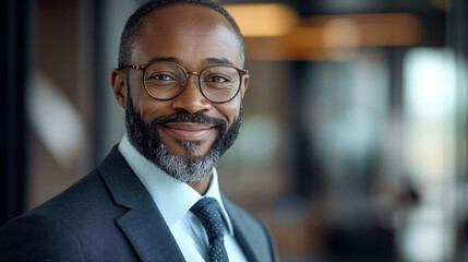 Fototapeta premium Confident professional man smiling in a modern office setting during daytime hours