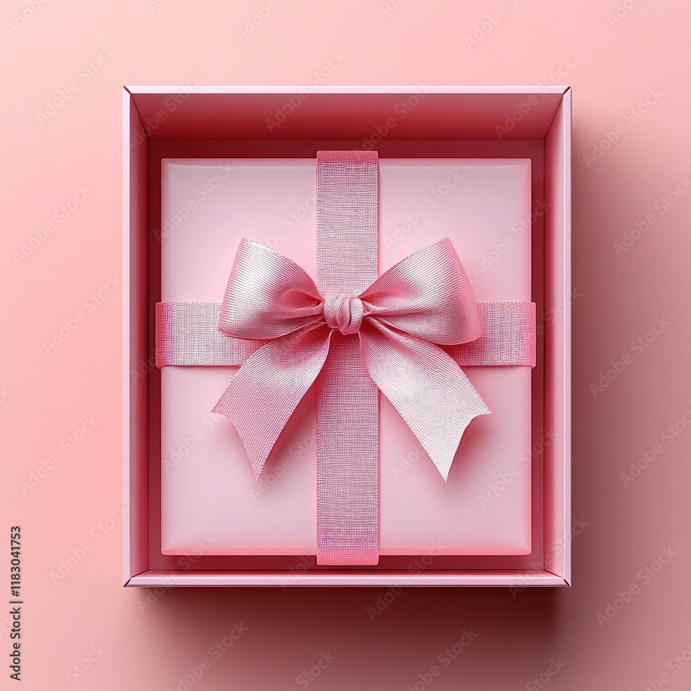 Poster minimalistic open pink gift box with shiny bow on soft pastel background