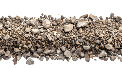 Coarse asphalt texture with smooth soil and pebbles and stone isolated on white background