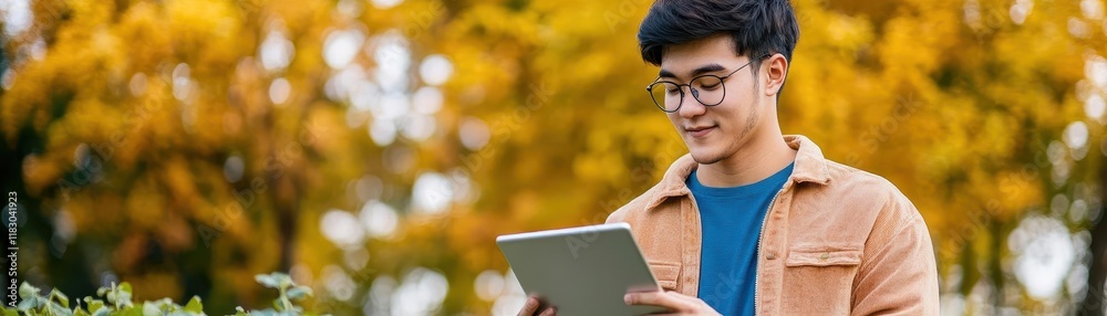 Aufkleber Young Man Wearing Glasses Engrossed in Using a Tablet in a Cozy Indoor Setting with Soft Lighting Creating a Relaxed and Thoughtful Atmosphere