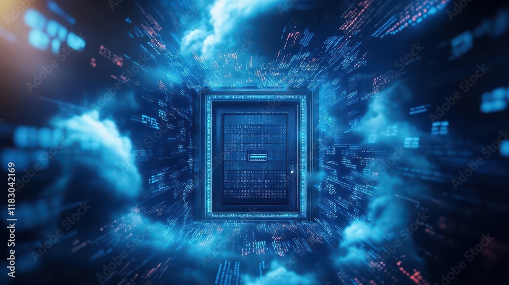 Poster Futuristic Server Surrounded by Ethereal Clouds Representing Digital Data Storage and Connectivity in a High-Tech Virtual Environment