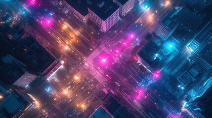 Obraz premium Aerial view of bustling nightlife, crowded intersections, colorful lights twinkling, bird's-eye perspective capturing life