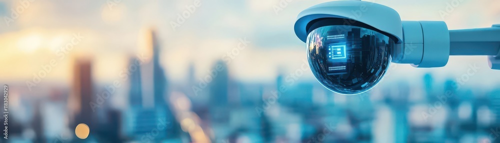 Poster surveillance camera overlooking urban skyline at dusk with vibrant colors in the sky creating a mode