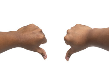 first person perspective of male hand thumbs down gesture isolated on transparent background