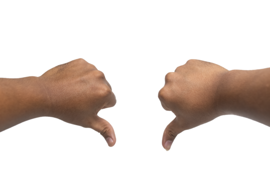 first person perspective of male hand thumbs down gesture isolated on transparent background