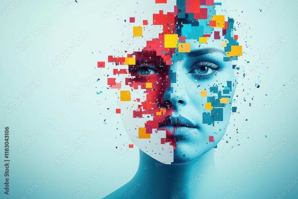 Poster a woman adorned with vibrant colorful squares on her face showcasing a unique blend of art and beaut