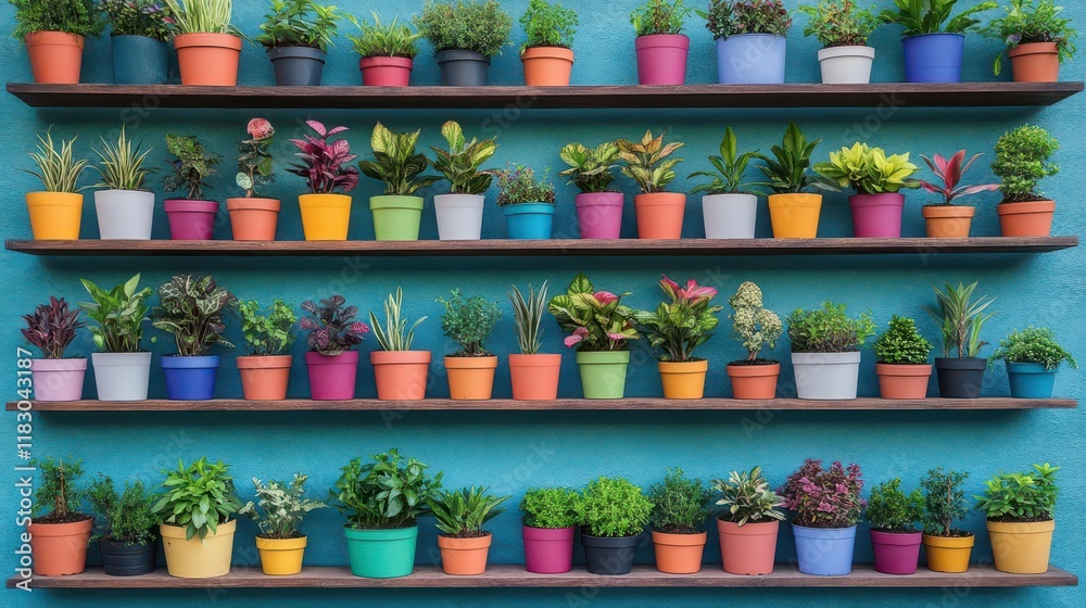 Poster vibrant display of diverse potted plants on a wall showcasing greenery in an urban space creating a 
