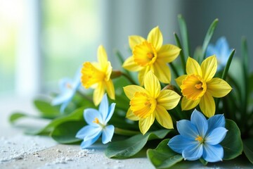 Yellow daffodils nestled among soft blue anemones with leaves on a delicate white surface, yellow daffodil, foliage, garden