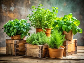 Home Decor: Herbs Growing in Rustic Wooden Pots on a Bright Background