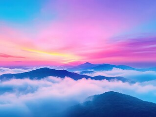 Obraz premium An ethereal misty landscape at dawn, with subtle warmth cascading through fog, shot from a hilltop view