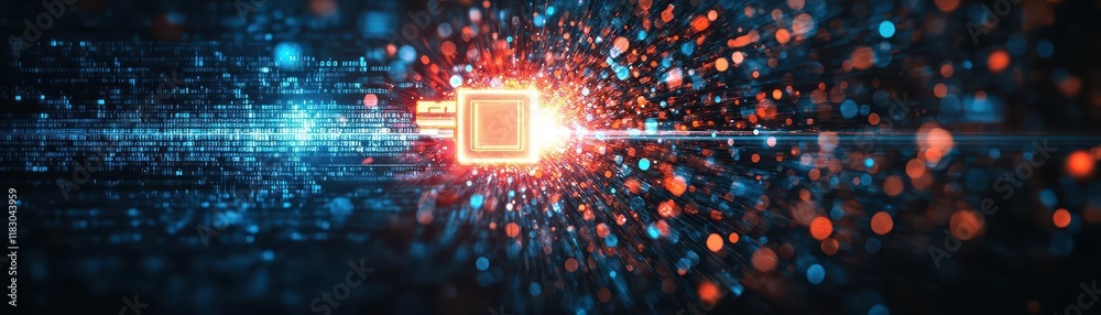 Poster Intricate Computer Chip Illuminated by Radiant Light Emitting from Its Core Symbolizing Technological Innovation and Futuristic Advancements in Electronics