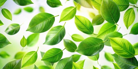 Fototapeta premium Lush Green Leaves Falling on White Background - High-Resolution Stock Photo