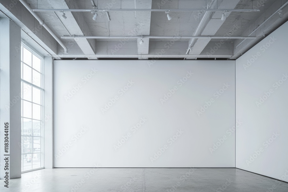Poster a large white wall in an empty modern art gallery with a concrete floor and ceiling, and a window on