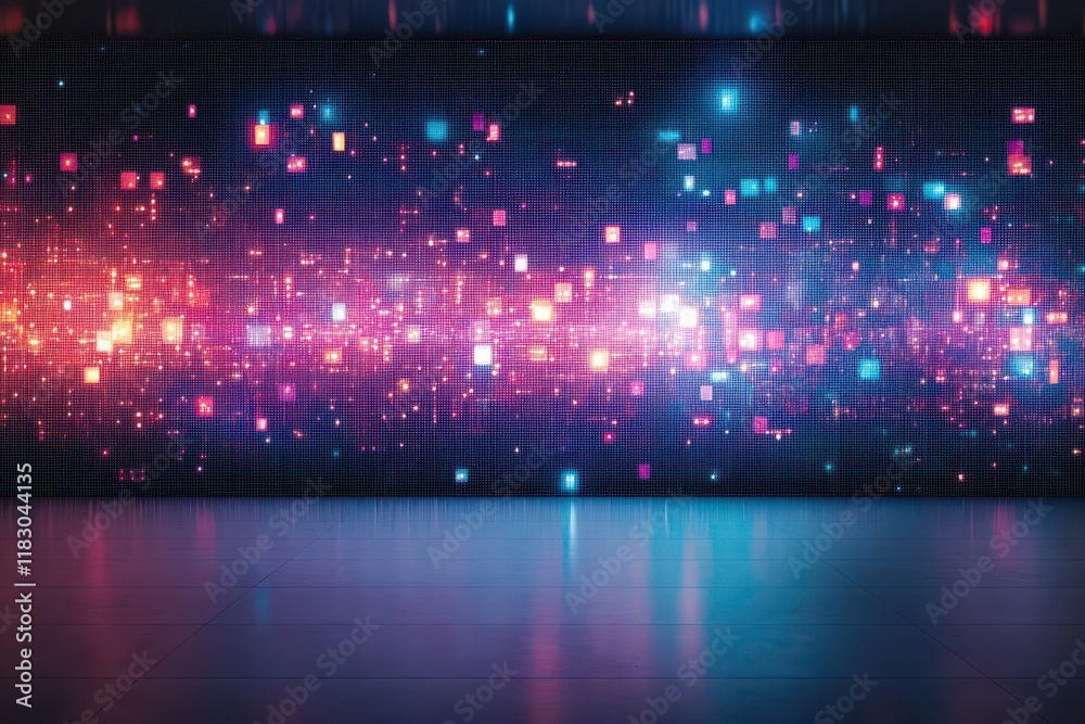Poster A Mysterious Dark Room Illuminated by Colorful Lights Casting Shadows on a Large Wall Creating a Vibrant and Enigmatic Atmosphere for Reflection